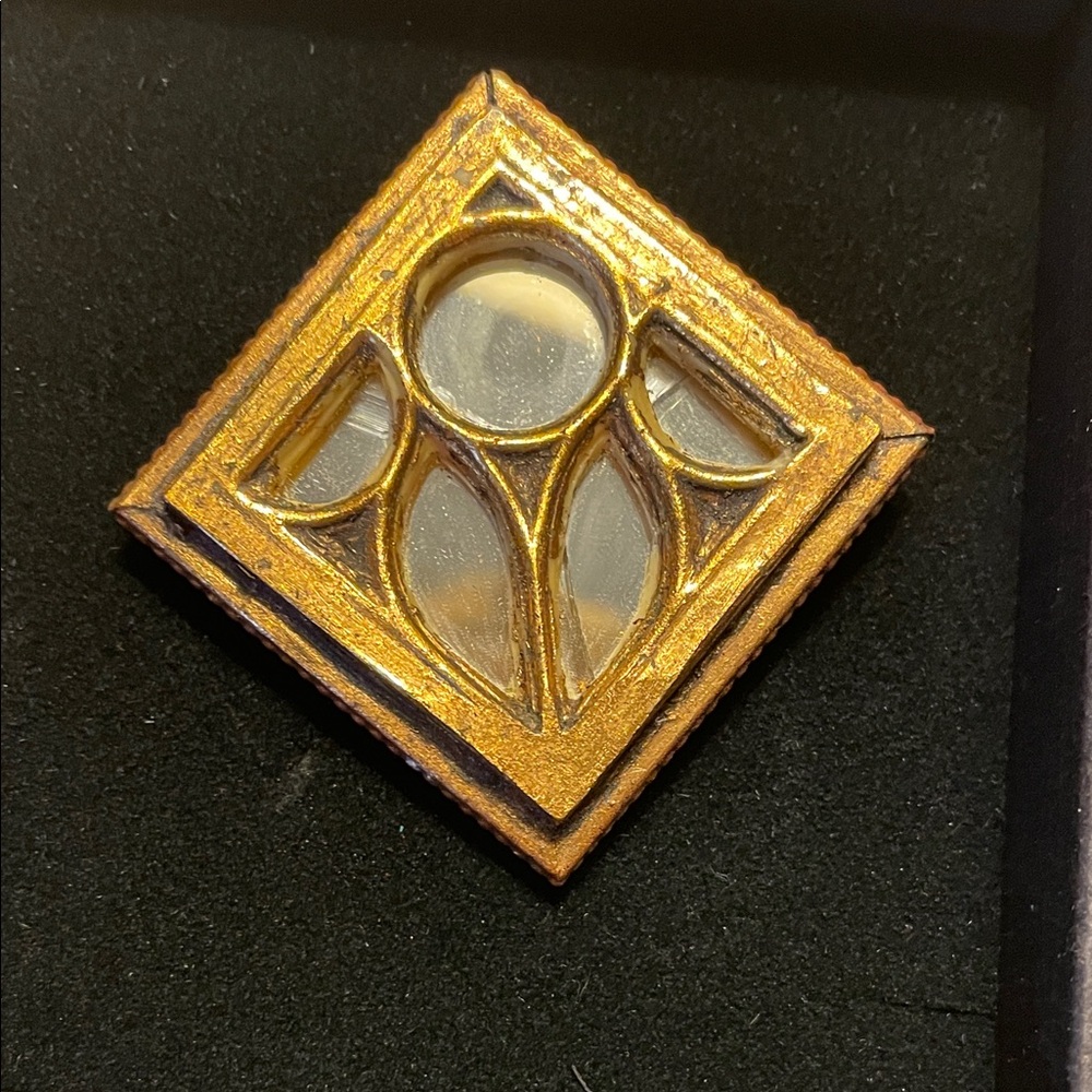 Mirror Brooch Pin Florentine Style Gold Wood Block 1-1/2”Artisan Signed Paris